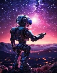 Wall Mural - A detailed robotic figure stands on a rocky surface, gazing at a vibrant, star-filled galaxy. The robot's metallic form contrasts beautifully with the cosmic backdrop, creating a scene of futuristic