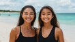 © Neural Pixels - A mother and daughter happily pose on a beautiful sandy beach with clear blue water and bright clouds above