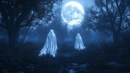 Two White Ghosts in a Moonlit Forest