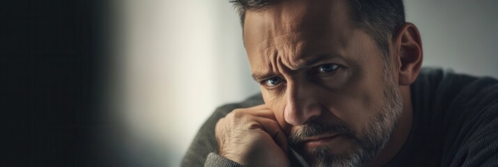 Aufkleber - A man with a serious expression contemplates his thoughts while resting his chin on his hand in a dimly lit room. Generative AI