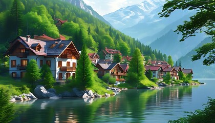 The beautiful mountain town is dotted with well-arranged houses, surrounded by green trees, and the peaceful and tranquil natural scenery gives people a feeling of relaxation.