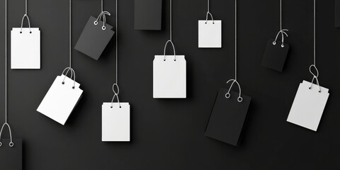 A minimalist, black and white background with sleek sale tags and shopping icons, creating a modern, sophisticated shopping concept.