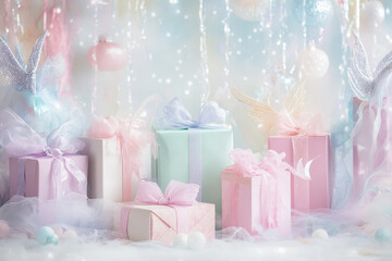 A whimsical, fairy-tale background with gift boxes wrapped in soft pastel colors, adorned with delicate bows and fairy wings, set against a dreamlike, enchanted backdrop.