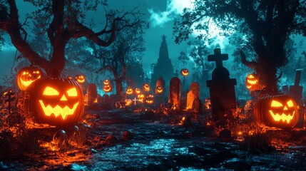 Jack-o'-lantern illuminated graveyard on Halloween night