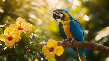 Close-up image of an ara parrot on a tropical tree branch in the rainforest