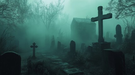 A Foggy Graveyard with a Large Stone Cross