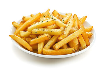 Canvas Print - Garlic Parmesan French Fries on white plate, Isolated on White Background