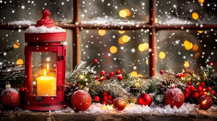 Festive christmas holiday background with decorative ornaments and snowy window scene