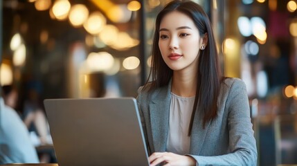Poster - Young Woman Working on Laptop in a Cafe