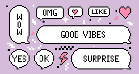 Poster - Set of pixel art elements. Pixel speech bubbles set with text Wow, Omg, Good Vibes, Ok, Surpise, Yes. Vintage design. Y2k trendy sticker. Mood of 90's aesthetics. 8-bit retro style vector illustration