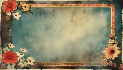 Wall Mural - Elegant vintage grunge backdrop with scratches, grit, and grain effects, adorned by a decorative flower border in an old-fashioned style