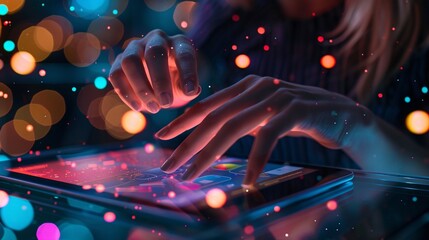 Woman's Hands Interacting with Digital Tablet in a Glowing Lightscape