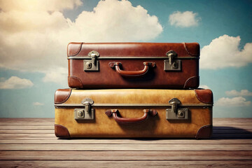 Antique vintage suitcases at empty blue sky background. Two old decorative retro suitcase isolate for insertion in image. Travel vacation concept. Copy text space for advertising