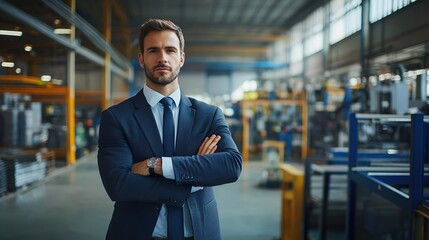 A man in a suit and tie stands in a factory with his arms crossed