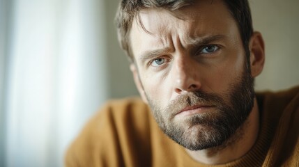 Aufkleber - A man displays a serious demeanor, lost in thought as he contemplates quietly, revealing depth and intensity in his expression. Generative AI