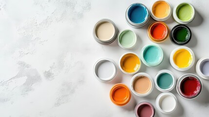 artistic arrangement of paint cans and color swatches on pristine white surface