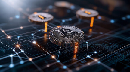 Poster - Abstract bitcoin signs glowing with vibrant colors, symbolizing digital currency and modern finance, futuristic visualization