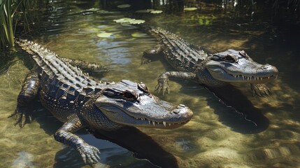 Two large alligators swimming in a tranquil swamp habitat.