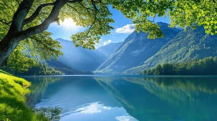 Wall Mural - A lake surrounded by mountains and trees with a green grassy hill, AI