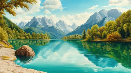 Canvas Print - A painting of a lake with mountains in the background, AI