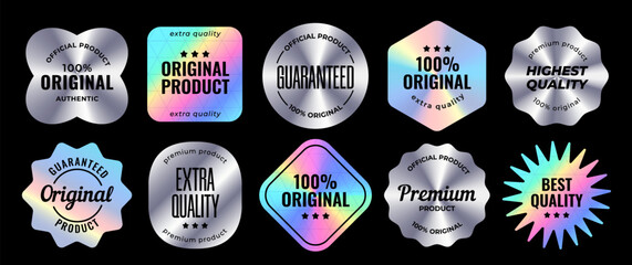 set of holographic labels. silver hologram stickers of different shapes with text stamps. original p