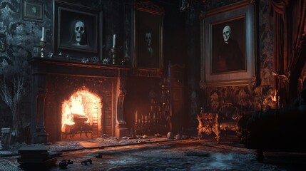 Wall Mural - A Haunted Room with Portraits of Skulls and a Burning Fireplace