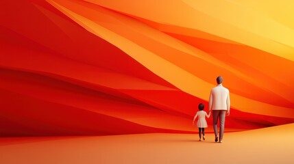 Wall Mural - A man and a child walking down an orange colored path, AI