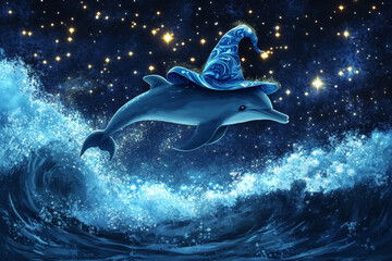 Wall Mural - A playful dolphin leaping through the ocean waves, wearing a witch hat with a wave pattern, under a night sky filled with stars.