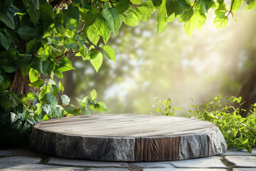 Wall Mural - A rustic, wooden podium with visible grain, standing on a stone floor, with a nature-inspired background of green leaves and soft sunlight.