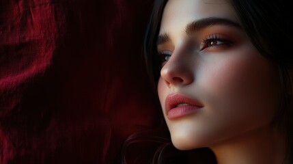 Wall Mural - Close-up portrait of a woman with dark hair and red lips looking away