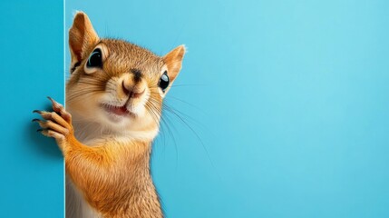 Canvas Print - A squirrel is standing on a blue wall with its paws up, AI