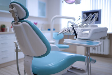 Dental office. Patient chair and equipment for dental treatment. Blurred dental clinic background. Defocused interior of modern dental office.