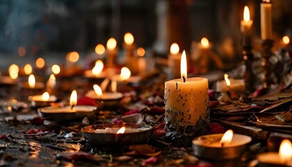 Numerous candles are burning with warm, flickering light on a dimly lit surface covered with petals and scattered leaves, evoking a serene and tranquil atmosphere ideal for meditation, relaxation, or