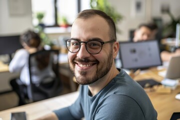 A cheerful millennial entrepreneur smiles confidently in a vibrant modern office with a diverse team engaged in teamwork