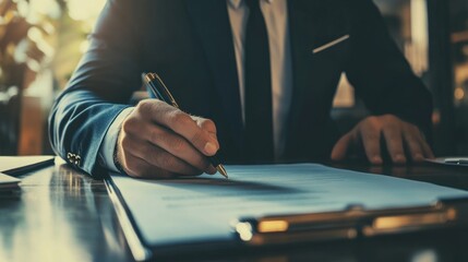 Poster - A Businessperson's Hand Signing a Document with a Gold-Trimmed Pen