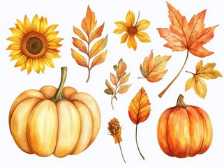 Wall Mural - On a white background, watercolor autumn leaves, branches, flowers, and pumpkins are isolated.