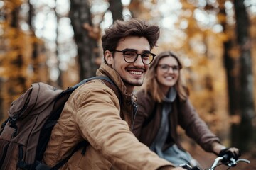 Young couple riding bicycles in the park on a sunny autumn day. They are in love and having fun.