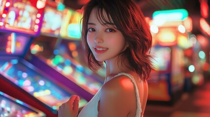 Woman with Short Brown Hair Smiling in Arcade