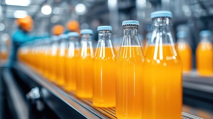 A close-up view of fresh orange juice bottles on a production line in a modern beverage factory, showcasing efficient manufacturing.