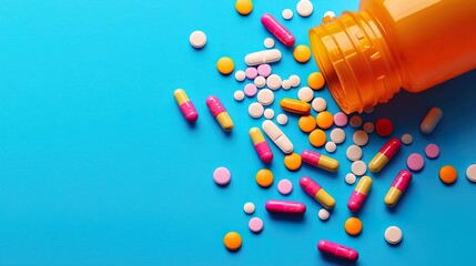 Colorful capsules and tablets spilling from an orange bottle on a bright blue background, showcasing various medications.