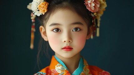 Poster - Young Girl Dressed in Traditional Asian Clothing with Flowers in Her Hair