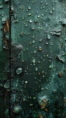 Wall Mural - water drops on weathered green wood
