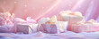 © AI_images - A romantic background with gifts wrapped in delicate pink and white paper, adorned with lace and ribbons, set against a soft, gradient backdrop of pinks and purples.