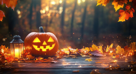 Halloween pumpkin with lantern on wooden