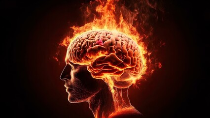 Concept: brain explosion, mind, intellect. The brain with convolutions in the human head is burning.