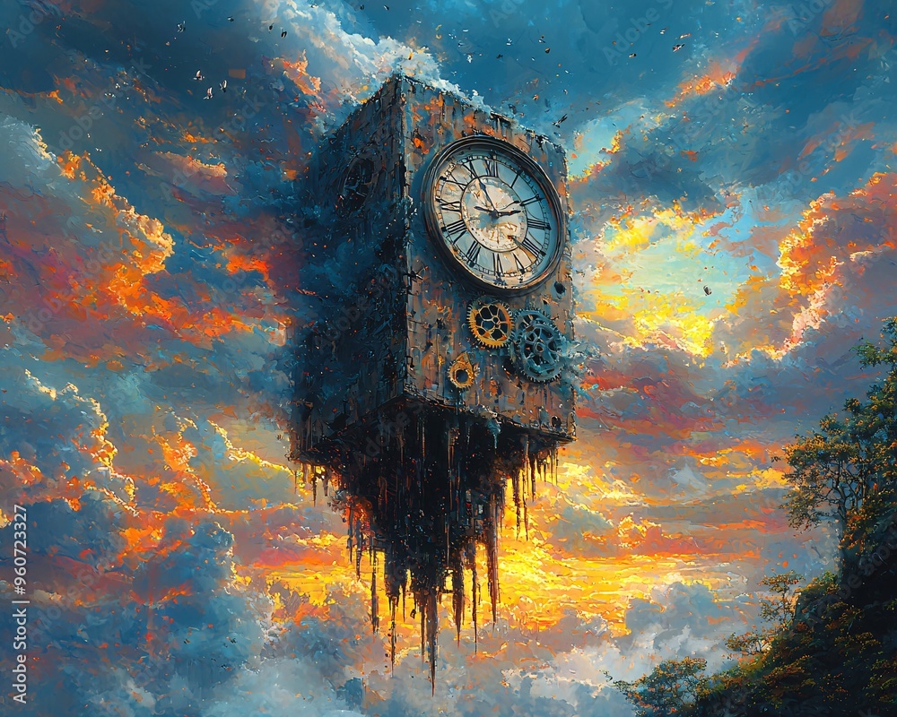 A surreal scene of a clock melting over the edge of a floating cube ...