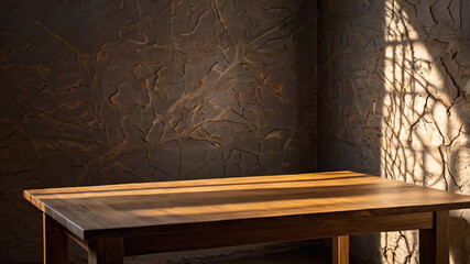 Wall Mural - empty dark wooden table with abstract light from leaf shadow on the wall