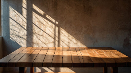 Wall Mural - empty dark wooden table with abstract light from leaf shadow on the wall
