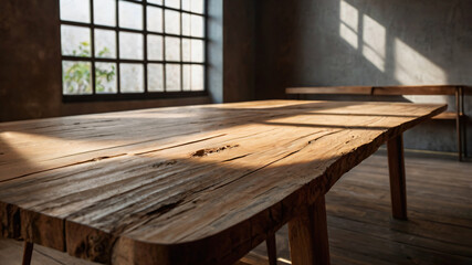 Wall Mural - empty dark wooden table with abstract light from leaf shadow on the wall