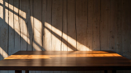 Wall Mural - empty dark wooden table with abstract light from leaf shadow on the wall